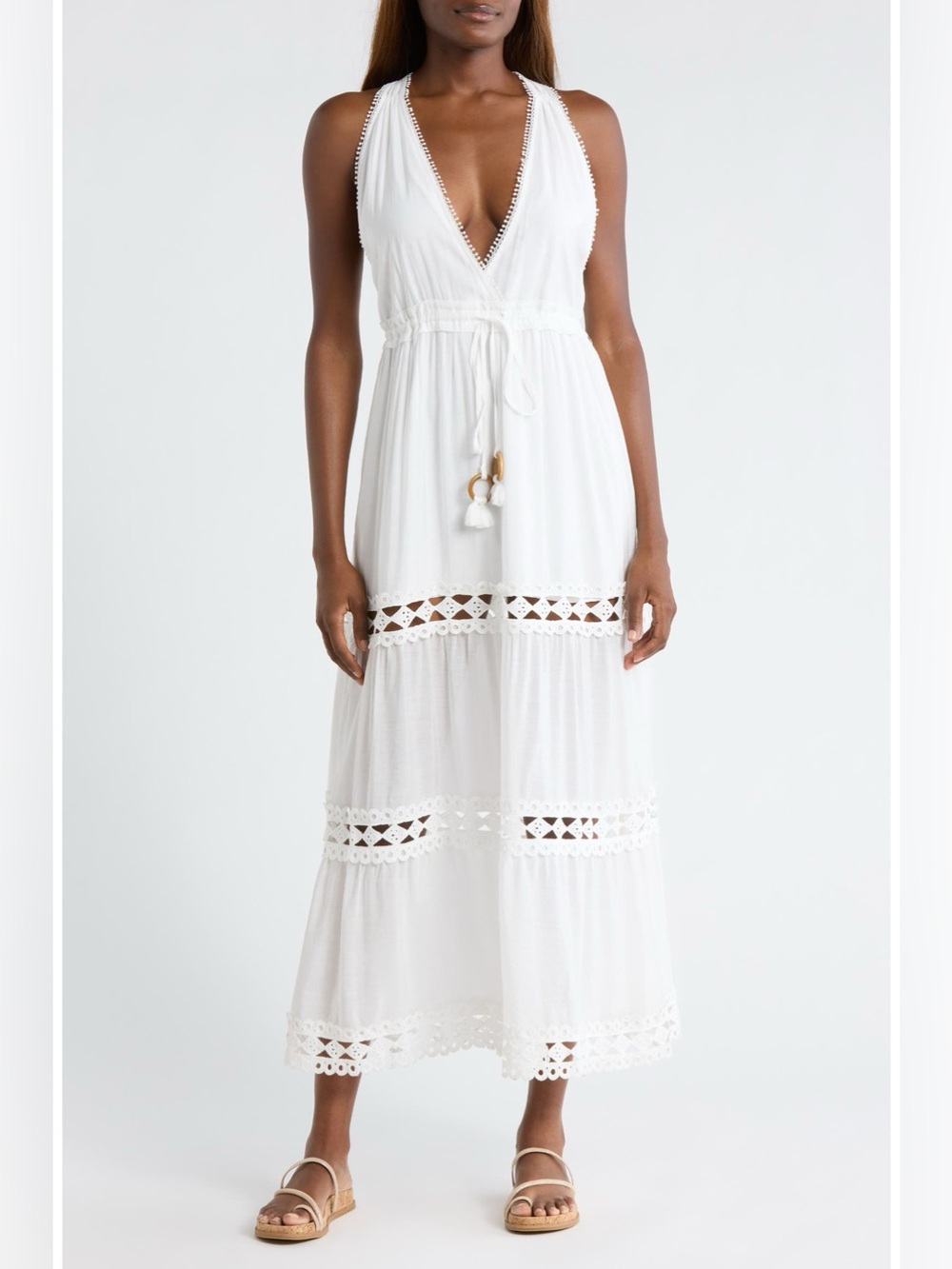 Elan Cutout Trim Sleeveless Cover-Up Maxi Dress White Medium